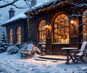 Śnieg, Zima, Oświetlony, AI, Drzewa, Dom, Okna