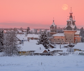 Zima, Cerkiew, Obwód archangielski, Drzewa, Domy, Rosja, Wieś Kimzha