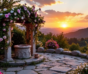Zachód słońca, Kamienie, Łuk, Góry, Kwiaty, Budowla, Kolorowe