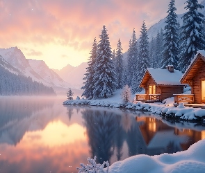 Ośnieżone, Domy, Jezioro, Zima, Drewniane, Góry, Drzewa