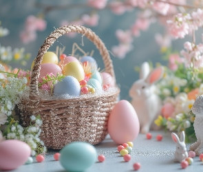 Królik, Kwiaty, Koszyk, Grafika, Pisanki, Wielkanoc, Kolorowe