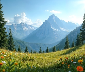 Polne, Góry, Drzewa, Kwiaty, Łąka