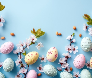 Kolorowe, Tło, Listki, Wielkanoc, Niebieskie, Kwiatki, Pisanki, Gałązki, Białe