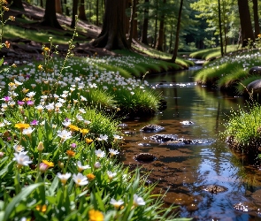 Grafika, Las, Kwiaty, Kolorowe, Strumień, Polana