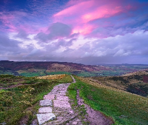 Derbyshire, Wyżyna Peak District, Droga, Anglia, Chmury, Wzgórze Mam Tor, Niebo