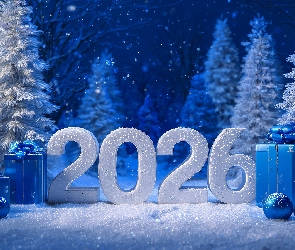 Nowy Rok, Choinki, Napis, Prezenty, Zima, 2026, Grafika Ai, Bombki