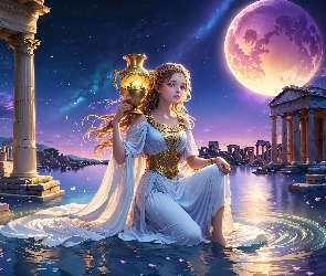 Fantasy, Świątynia, Woda, Dziewczyna, Dzban, Księżyc