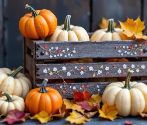 Grafika AI, Liście, Dynie, Skrzynka