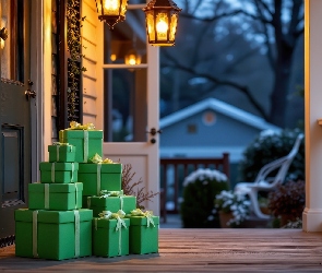 Drzwi, Prezenty, Dom, Latarnie, Zielone, Zima, Taras