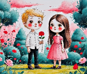 Dziewczyna, Rysunek, Park, Drzewa, Chłopak