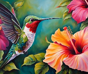 Liście, Kwiaty, Koliber, Grafika, Kolorowe, Ptak, Hibiskus