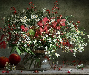 Wazon, Bukiet, Kwiaty, Jabłka, Przymiotno, Liście