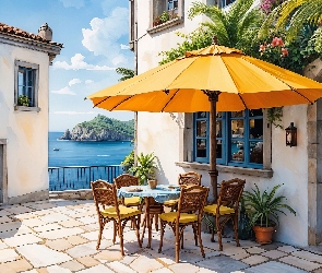 Parasol, Krzesła, Morze, Palmy, Stolik, Grafika, Domy