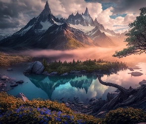 Kwiaty, Drzewa, Góry, Poranek, Mgła, Jezioro