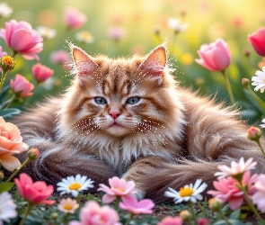 AI, Róże, Puszysty, Kot, Kwiaty, Tulipany