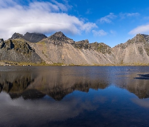 Vestrahorn, Islandia, Odbicie, Morze, Góry