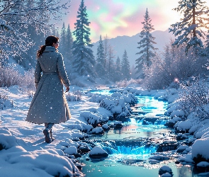 Kobieta, Góry, Zima, Potok, Śnieg, Rzeka, Grafika, Drzewa