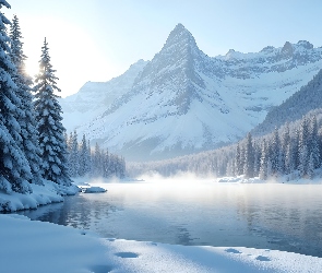 Góry, Drzewa, Mgła, Rzeka, Zima