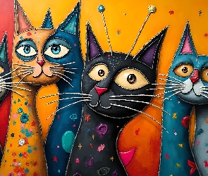 Grafika, Koty, Kolorowe, Cztery