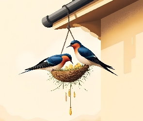 Grafika, Dach, Jaskółki, Gniazdo