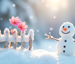 Grafika, Zima, Płotek, Bałwanek, Kwiaty, Śnieg