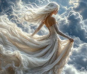 Niebo, Chmury, Dziewczyna, Grafika, Suknia, Blondynka, Biała