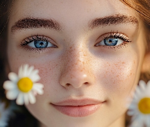 Kwiaty, Oczy, Uśmiech, Dziewczyna, Piegi, Niebieskie