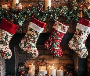 Dekoracja, Skarpety, Boże Narodzenie, Cztery, Cegła, Gałązki, Świece, Kominek