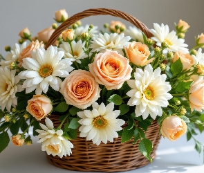 Białe, Róże, Kwiaty, Brzoskwiniowe, Wiklinowy, Chryzantemy, Koszyk, Bukiet