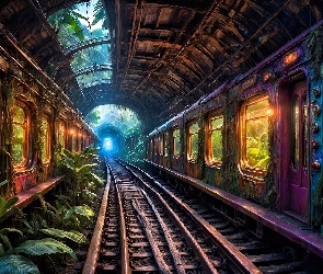 Roślinność, Tor kolejowy, Tunel, Grafika, Pociągi, Wagony
