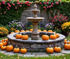 Fontanna, Mur, Kwiaty, Dynie, Ogród