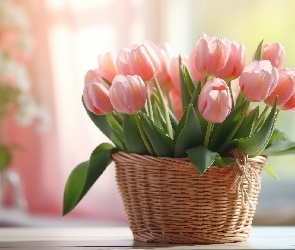 Tulipany, Kosz, Kompozycja, Bukiet, Różowe