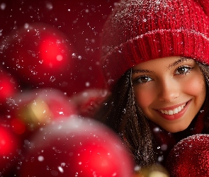Czapka, Śnieg, Bombki, Czerwona, Kobieta