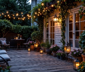 Taras, Lampiony, Dom, Stolik, Rośliny, Krzesła, Oświetlenie, Kwiaty