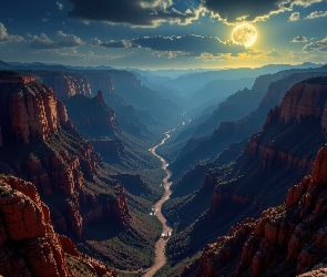 AI, Księżyc, Skały, Góry, Kanion, Noc