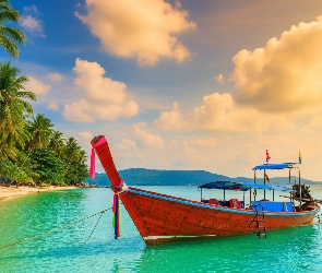 Plaża, Łódka, Zachód słońca, Palmy, Morze