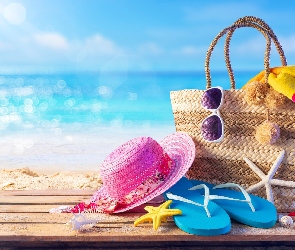 Kompozycja, Okulary, Ręcznik, Rozgwiazdy, Deski, Plaża, Koszyk, Kapelusz, Morze, Japonki