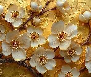 Kwiaty, Grafika, Tło, Gałązki, Biało-złote