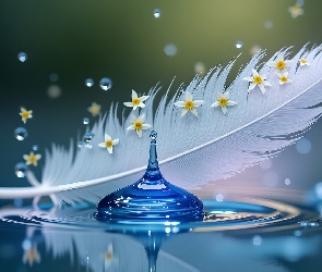 Kropla, Grafika AI, Kwiaty, Woda, Piórko