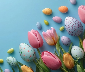 Tło, Niebieskie, Pisanki, Wielkanoc, Kolorowe, Tulipany
