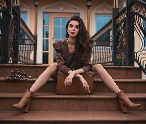 Kapelusz, Schody, Kobieta, Walizka