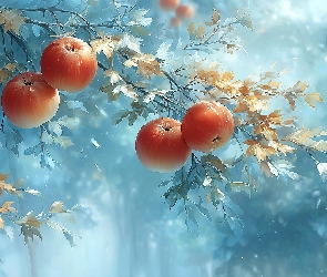 Jabłka, Grafika AI, Liście, Jesienne, Cztery