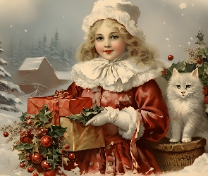 Kot, Prezent, Czapka, Biały, Boże Narodzenie, Zima, Dziewczynka, Blondynka, Grafika, Strój