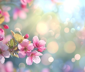 Grafika, Światło, Kwiaty, Różowe, Drzewo owocowe, Słoneczne