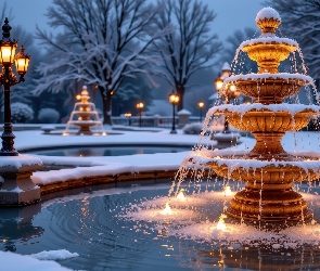 Grafika AI, Latarnie, Fontanna, Zima