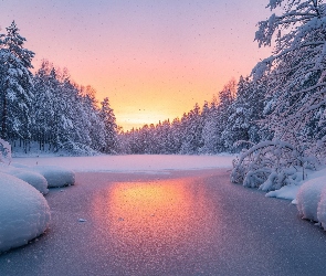 Wschód słońca, Drzewa, Rzeka, Zima, Drzewa, Zaspy