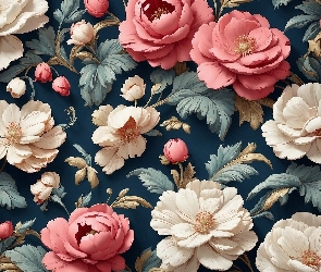 Różowe, Liście, Kwiaty, Białe, Grafika