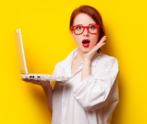 Żółte, Laptop, Zdziwienie, Tło, Koszula, Kobieta, Okulary