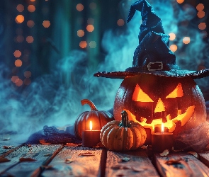 Grafika AI, Świece, Dynia, Halloween, Kapelusz, Dym