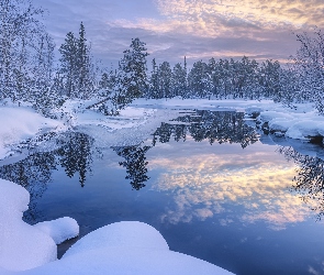 Odbicie, Śnieg, Rzeka, Zima, Drzewa, Ośnieżone